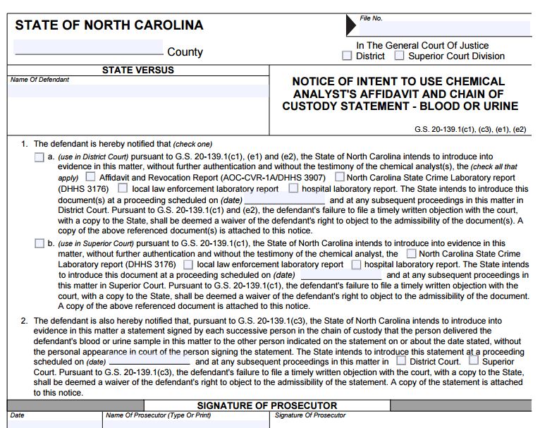 Chain of Custody Notice DWI North Carolina