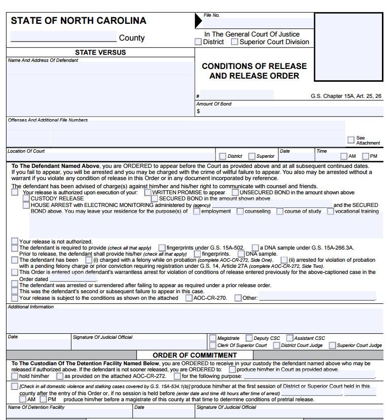 Conditions of Release and Release Order North Carolina 2016