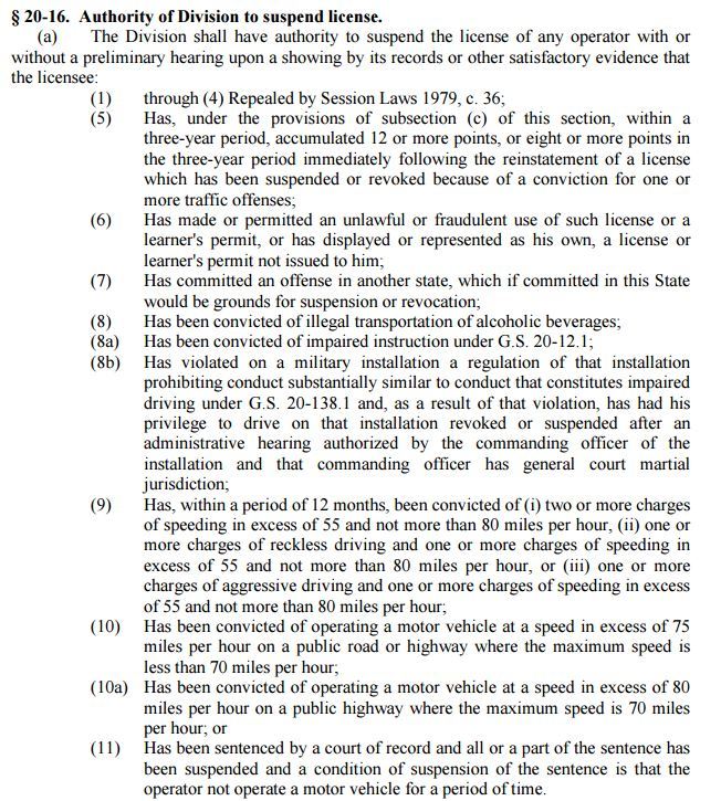 NC DMV Authority to Suspend License 2016