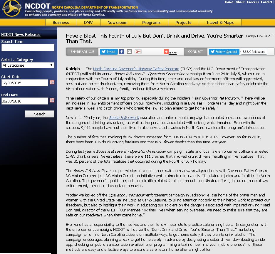 North Carolina Don't Drink and Drive 2016