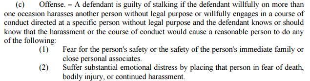 North Carolina Offense of Stalking 2016