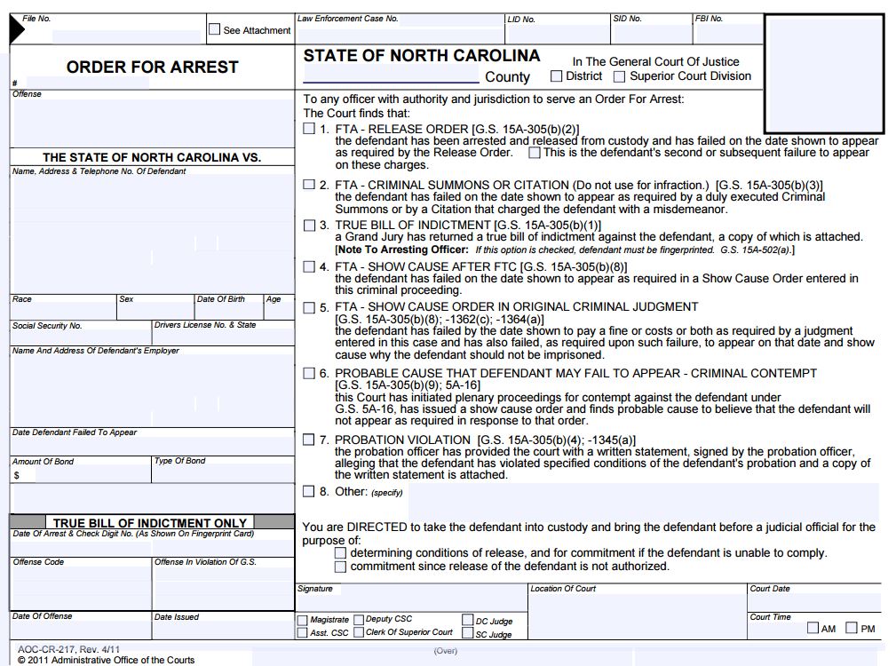 Order for Arrest North Carolina 2016