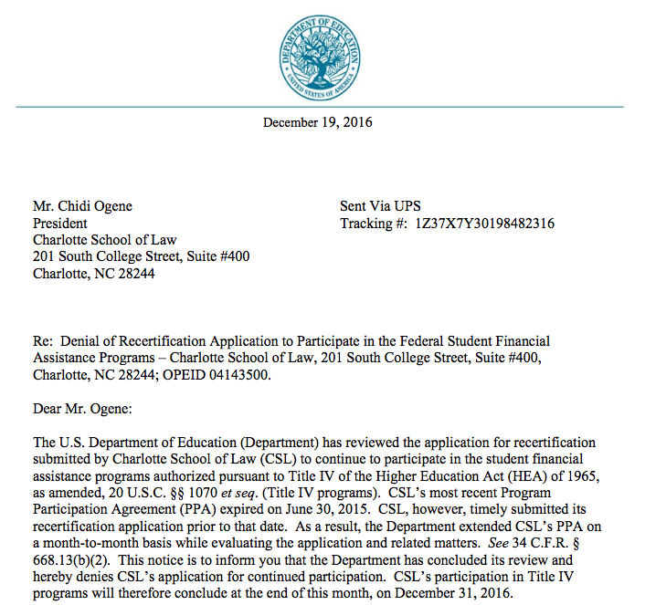 Charlotte School of Law Denial Correspondence 2016