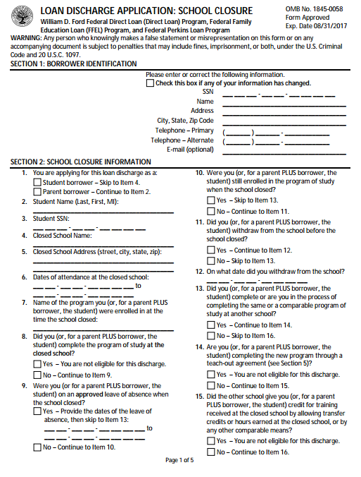 Loan Discharge Application CLOSED SCHOOL