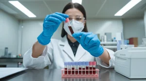 Medical lab technician analyzing DWI blood alcohol sample during ketogenic fasting investigation for impaired driving defense in North Carolina