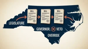 North Carolina concealed carry law infographic showing the legislative process for the 2025 permitless concealed carry bill, including the role of the legislature, governor’s veto, and override on a map of North Carolina