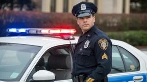 Police officer standing beside patrol car with flashing lights during a traffic stop in North Carolina