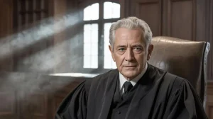 Judge seated in a courtroom, wearing a black robe with sunlight filtering through a window, symbolizing judicial authority, reflection, and the debate over judicial activism in American constitutional law