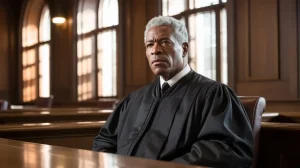 A senior North Carolina judge sits in a historic courtroom, wearing a black judicial robe and gazing forward with a thoughtful, serious expression. Sunlight filters through tall arched windows, reflecting the dignity and gravity of constitutional decision-making in North Carolina’s courts