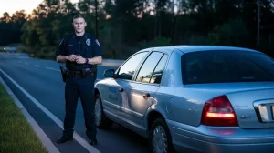 Police officer standing beside a stopped car in North Carolina at dusk, representing the good faith exception to the exclusionary rule and Fourth Amendment search and seizure law.