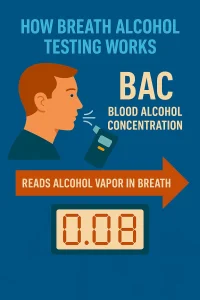 Infographic panel showing a person blowing into a breathalyzer device with an arrow leading to a digital readout, explaining breath alcohol concentration BAC 