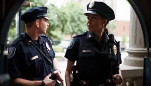 Two uniformed police officers standing at a doorway during a knock and talk investigation in North Carolina, illustrating Fourth Amendment search and seizure and probable cause issues in criminal defense cases