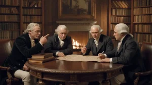 Founding-era statesmen drafting a constitution in a historic law library with quill pens and parchment, symbolizing the creation of the North Carolina State Constitution and early American constitutional law