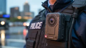 CMPD police officer’s uniform with a body-worn camera attached to the vest. The blurred city of Charlotte skyline in the background suggests an urban Mecklenburg County, North Carolina setting, representing law enforcement video evidence and accountability.