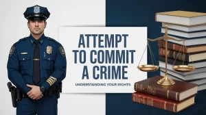 Police officer standing beside legal books and scales of justice with text reading attempt to commit a crime, North Carolina criminal law rights graphic.