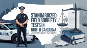 North Carolina standardized field sobriety tests illustration with police officer patrol car law books and scales of justice for DWI rights education
