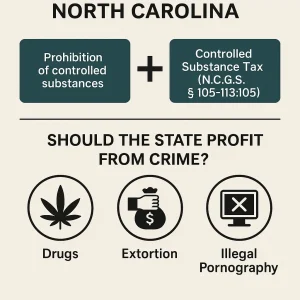 Infographic representing North Carolina’s Controlled Substance Tax under N.C.G.S. § 105-113.105, questioning whether the State should profit from crime including drugs, extortion, and illegal pornography