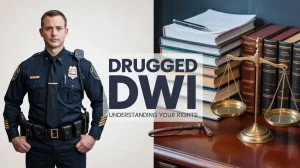 Drug DWI in North Carolina graphic showing police officer beside law books, courtroom scales, and gavel representing drugged driving charges