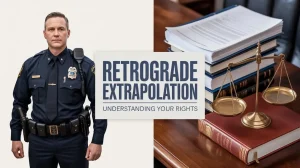 Retrograde Extrapolation educational graphic explaining forensic BAC back-calculation used in North Carolina DWI cases, depicting law enforcement and courtroom evidence analysis.