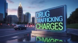 Charlotte NC skyline with neon sign reading Drug Trafficking Charges