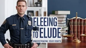 Fleeing to elude arrest North Carolina infographic showing police officer and legal scales, explaining misdemeanor and felony speeding to elude charges