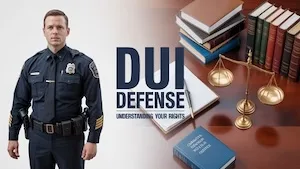 NC police officer DUI DWI defense graphic showing a uniformed law enforcement officer beside law books, justice scales, and case files, representing North Carolina impaired driving defense under N.C.G.S. 20-138.1 with courtroom advocacy across Mecklenburg, Union, Iredell, Gaston, Lincoln, and Rowan Counties