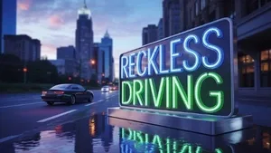 Charlotte skyline at dusk with neon sign displaying Reckless Driving on city street