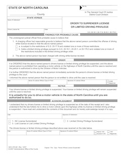 Order to Surrender License or Limited Driving Privilege